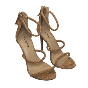 bebe Berdine-G Stiletto Heels Sandals Womens 7.5 Tan Cork Strappy Glam Coastal